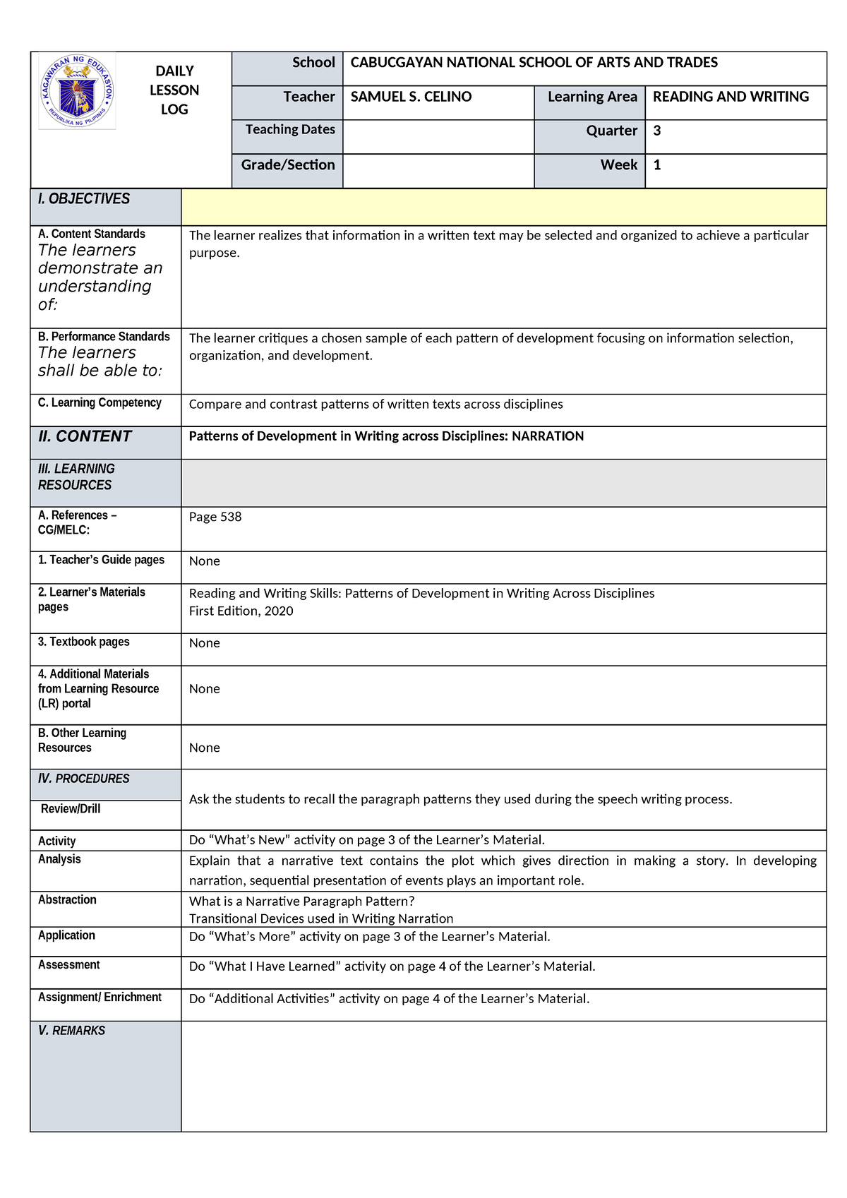 Reading and Writing Q3 DLLs - School CABUCGAYAN NATIONAL SCHOOL OF ARTS ...