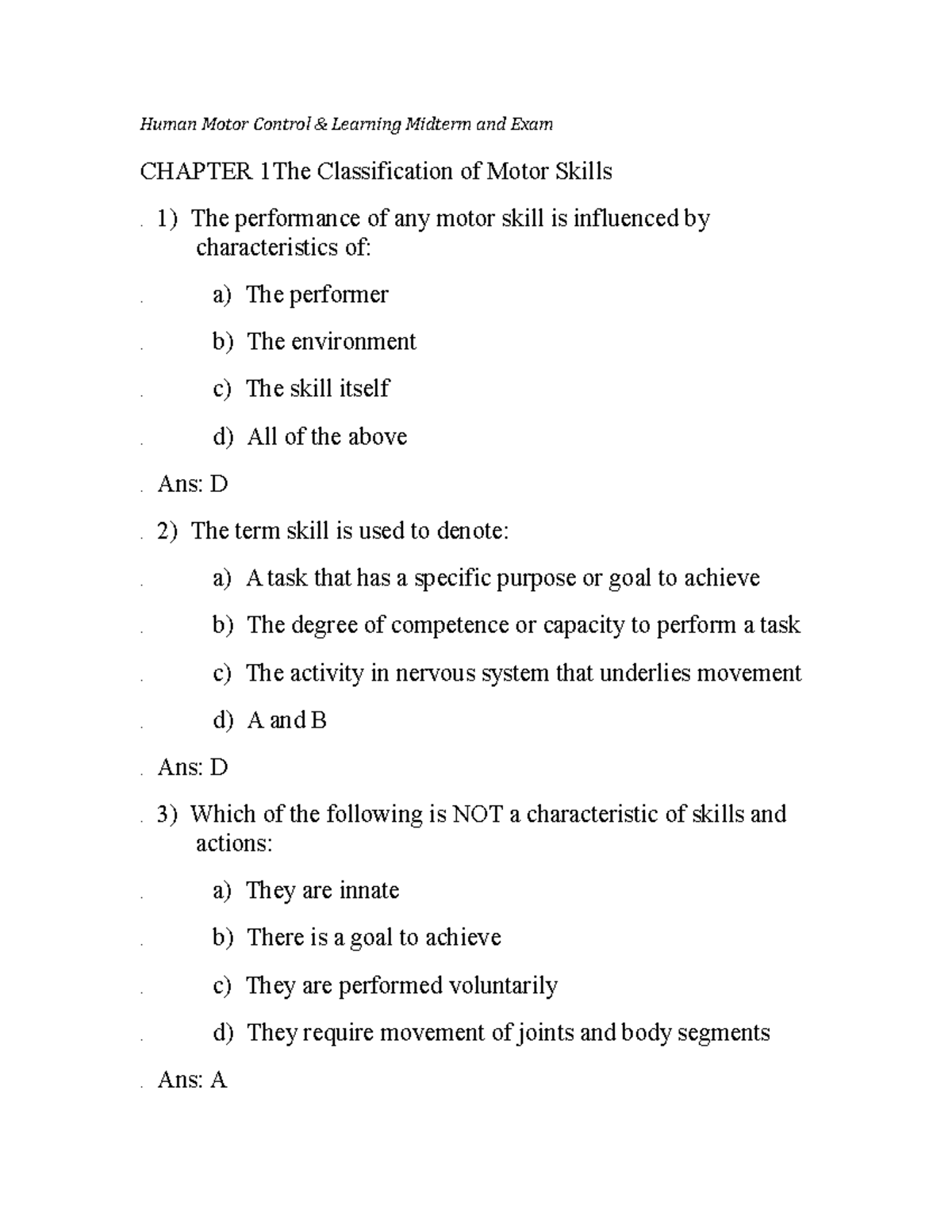 Exam March 2016, Questions And Answers Human Motor Control & Learning