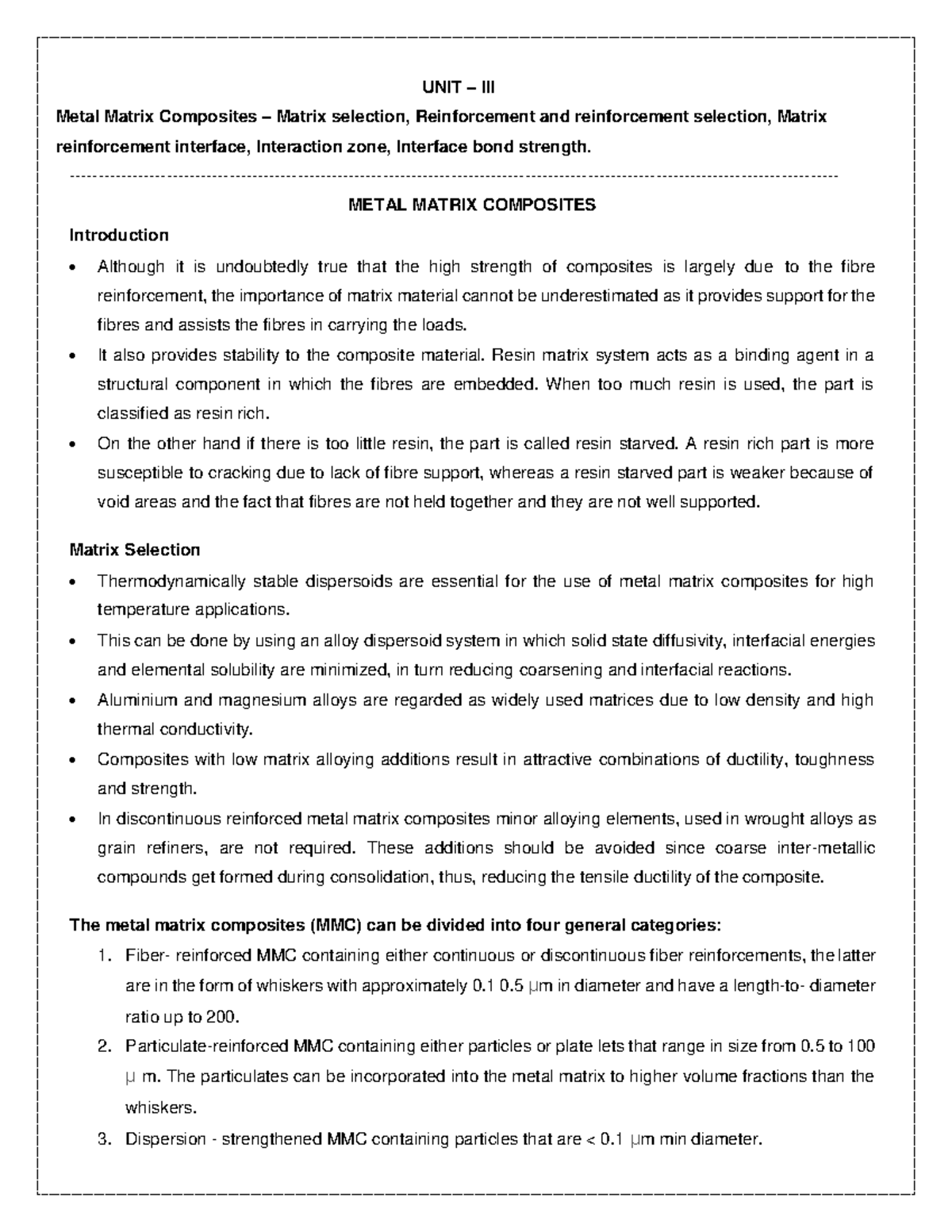 METAL MATRIX COMPOSITES SUMMARY OF COMPOSITE MATERIALS - UNIT – III ...