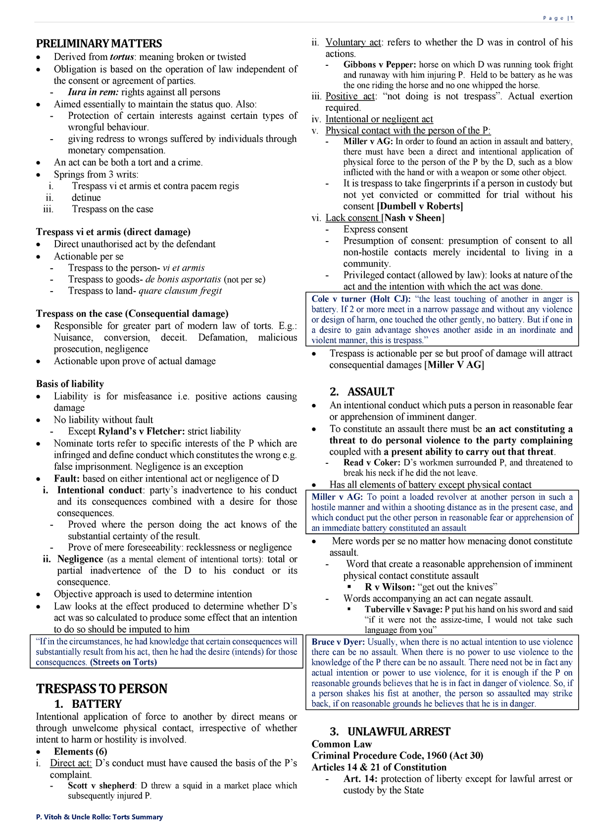 Torts Summary - Tort terms exams - PRELIMINARY MATTERS Derived from ...