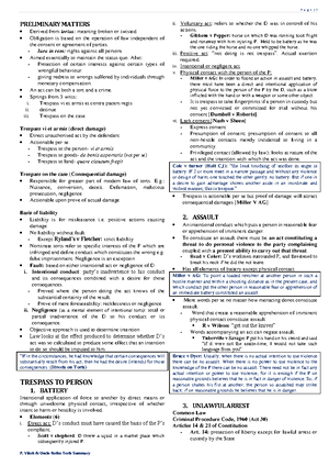 Torts Summary - Tort terms exams - PRELIMINARY MATTERS Derived from ...