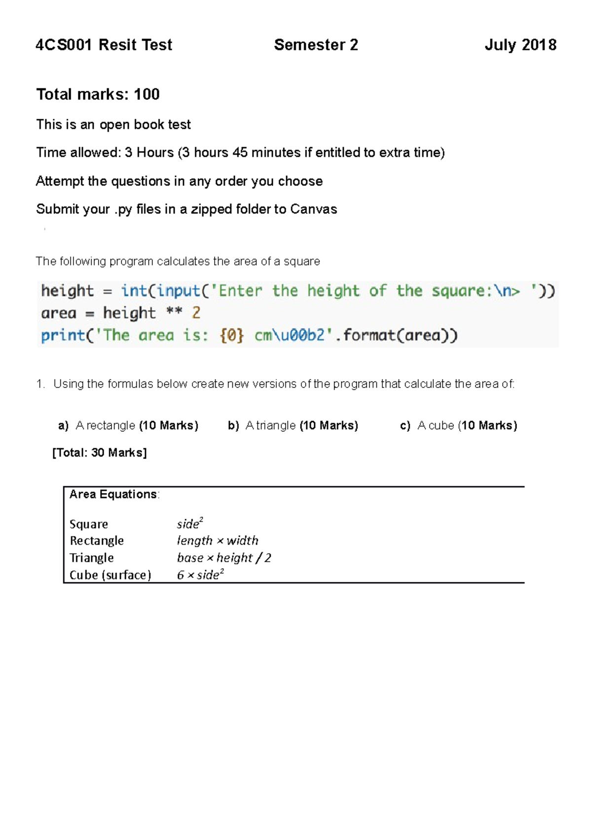 4CS001 Resit Test Python - 4CS001 Resit Test Semester 2 July 2018 Total ...