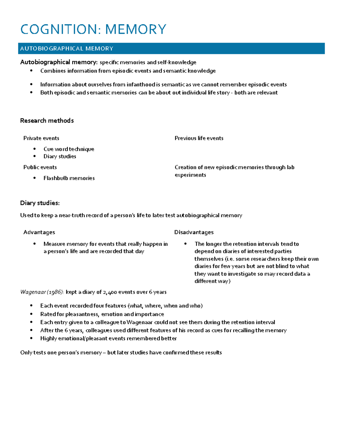 Memory Lecture notes - COGNITION: MEMORY AUTOBIOGRAPHICAL MEMORY ...