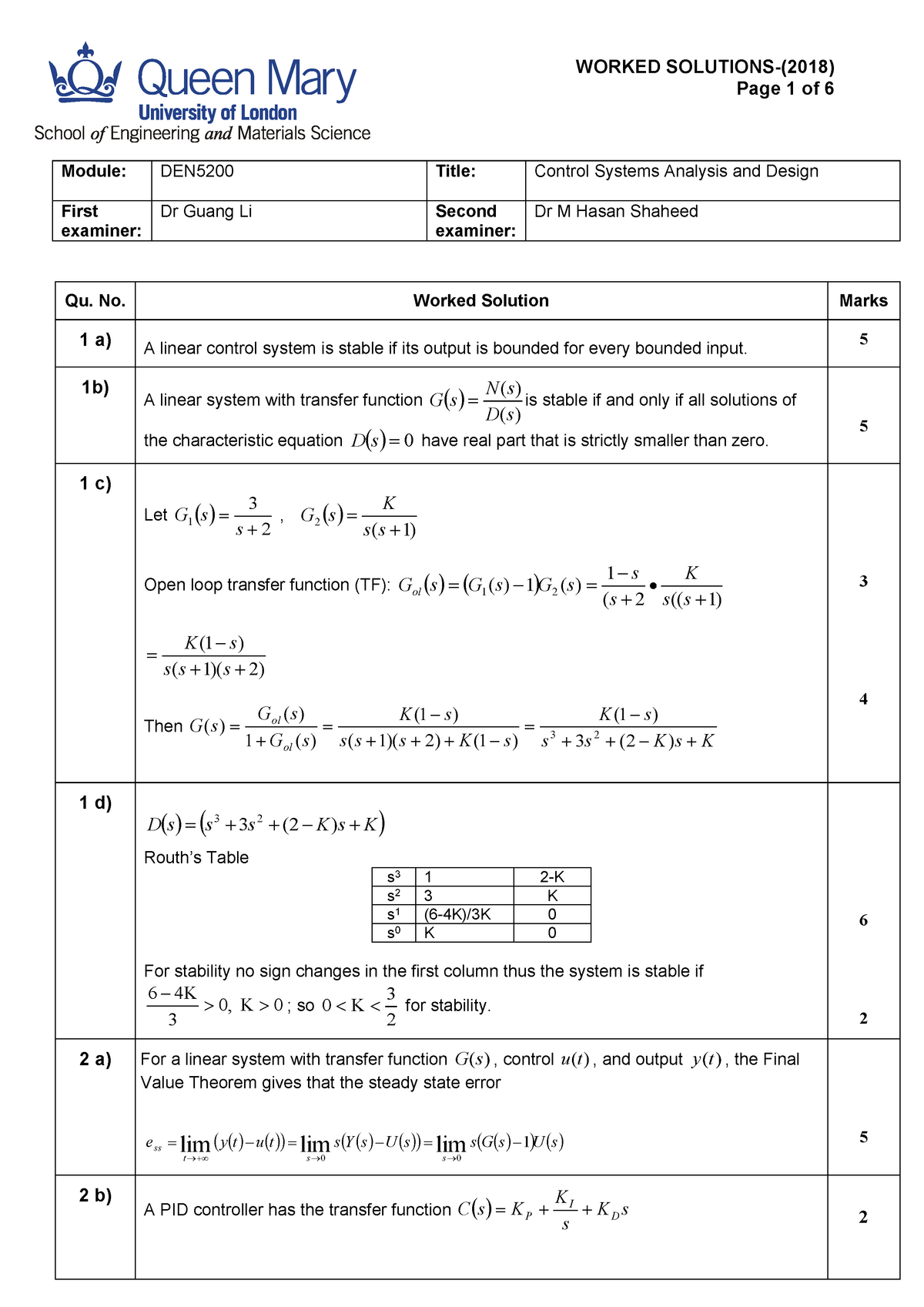 2018 Control Systems Analysis Solutions - Page 1 of 6 Module: DEN5200 ...