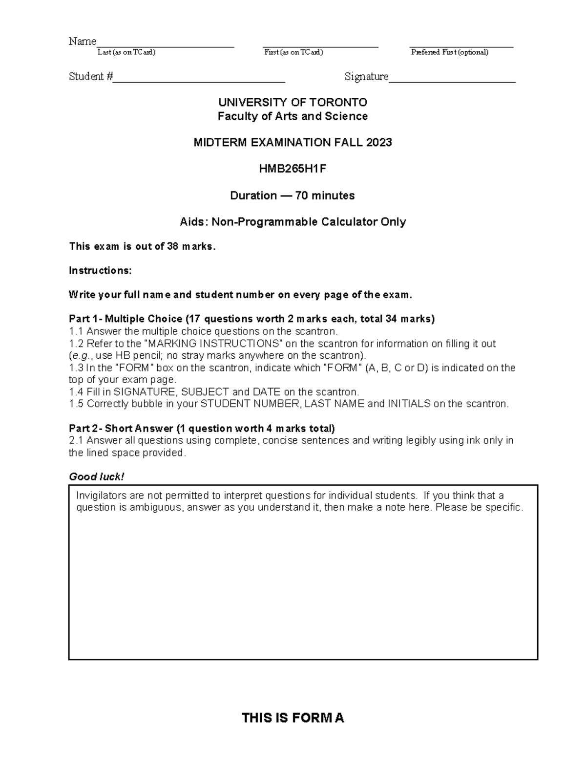 HMB265H1F+Midterm+Exam+20239+A - Name ...