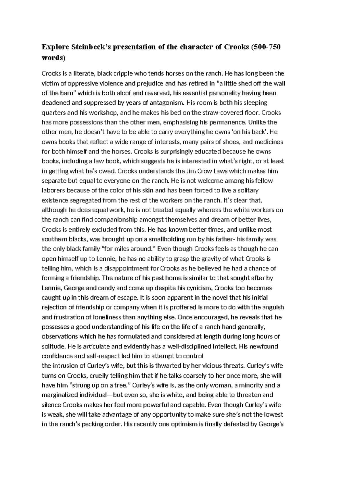 Crooks character essay Explore Steinbeck’s presentation of the
