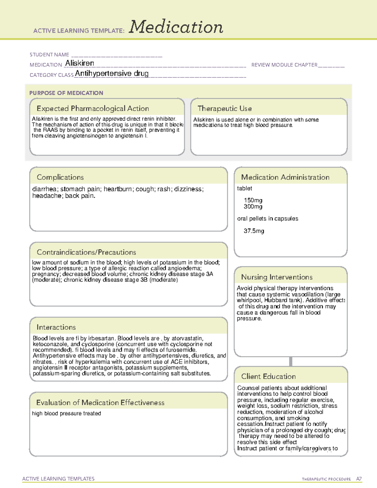 Aliskiren - ati - ACTIVE LEARNING TEMPLATES THERAPEUTIC PROCEDURE A ...