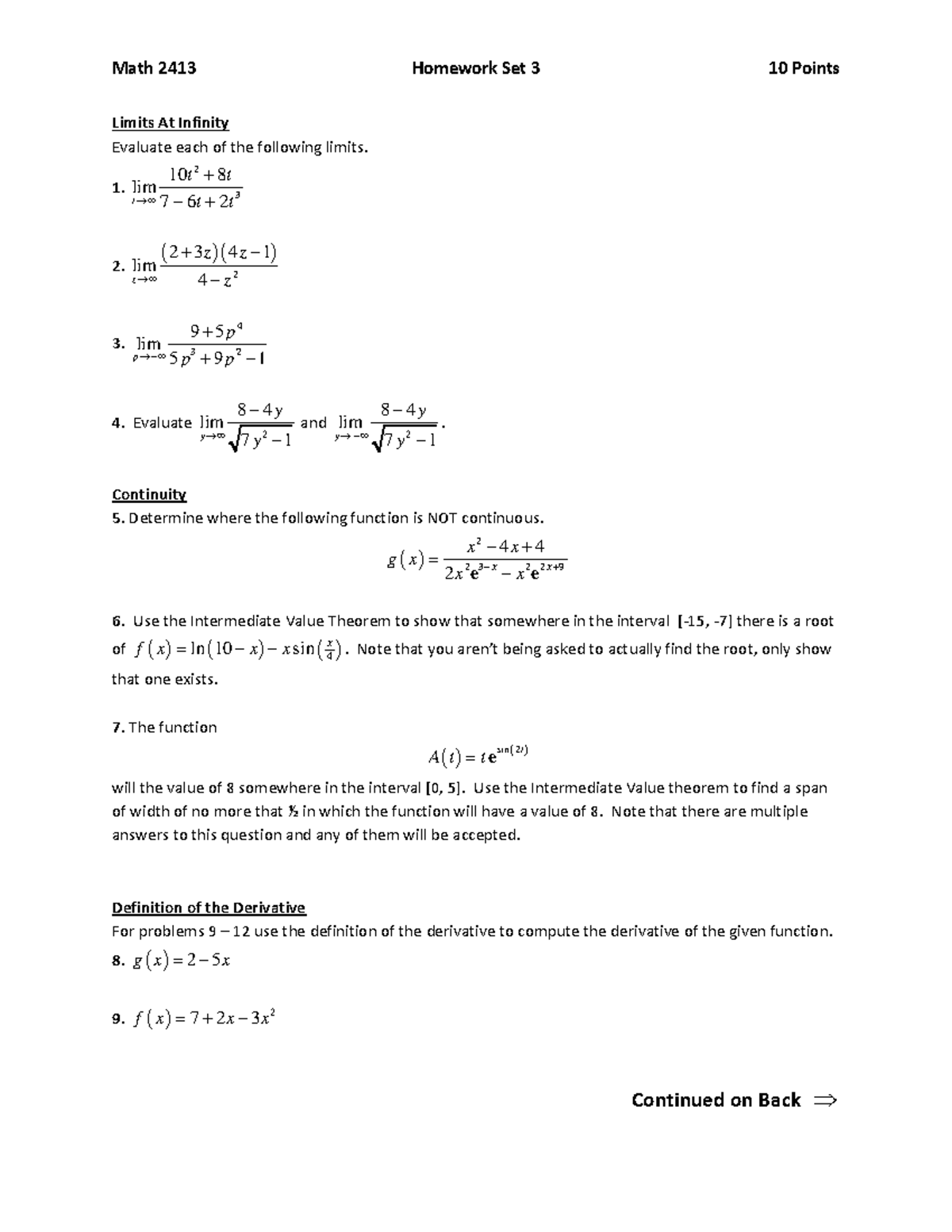 17 Fall Homework 03 - Math 2413 Homework Set 3 10 Points Limits At ...