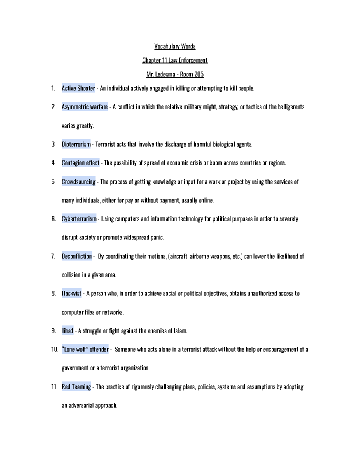 Vocabulary Words Chapter 11 Law Enforcement - Ledesma - Room 205 Active ...