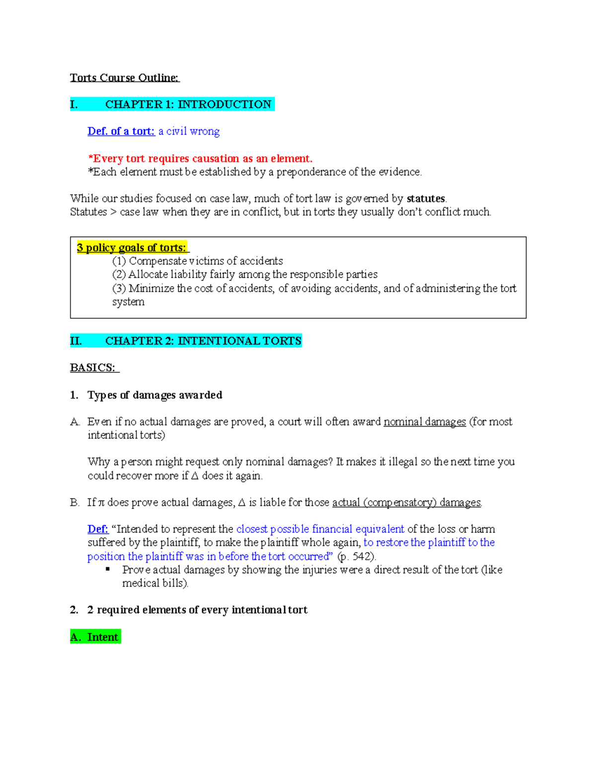 Torts - Course Outline - Torts Course Outline: I. CHAPTER 1 ...