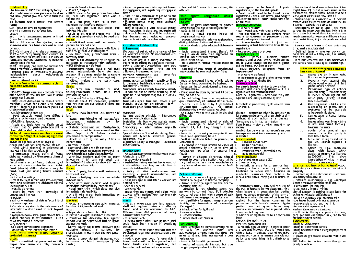HH Property Cheat Sheet - Indefeasibility: LTA Provisions: 1952 that ...