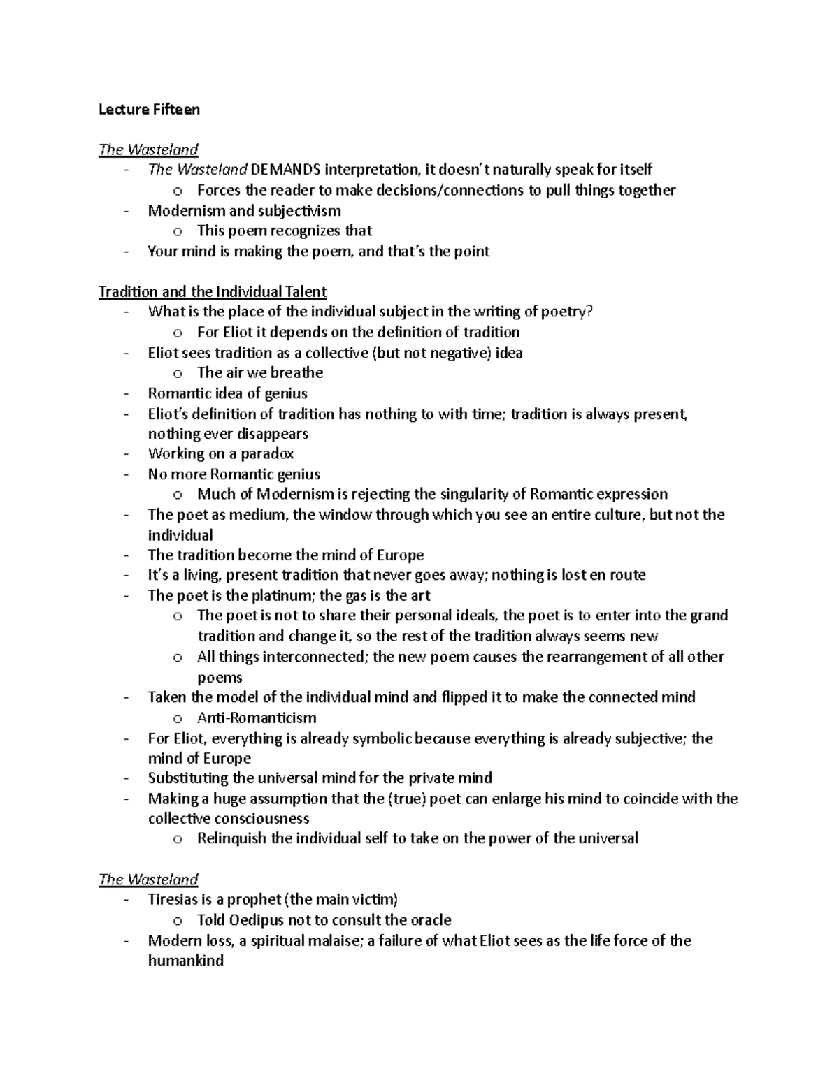 Lecture Fifteen (3 - Notes - Lecture Fifteen The Wasteland - The ...