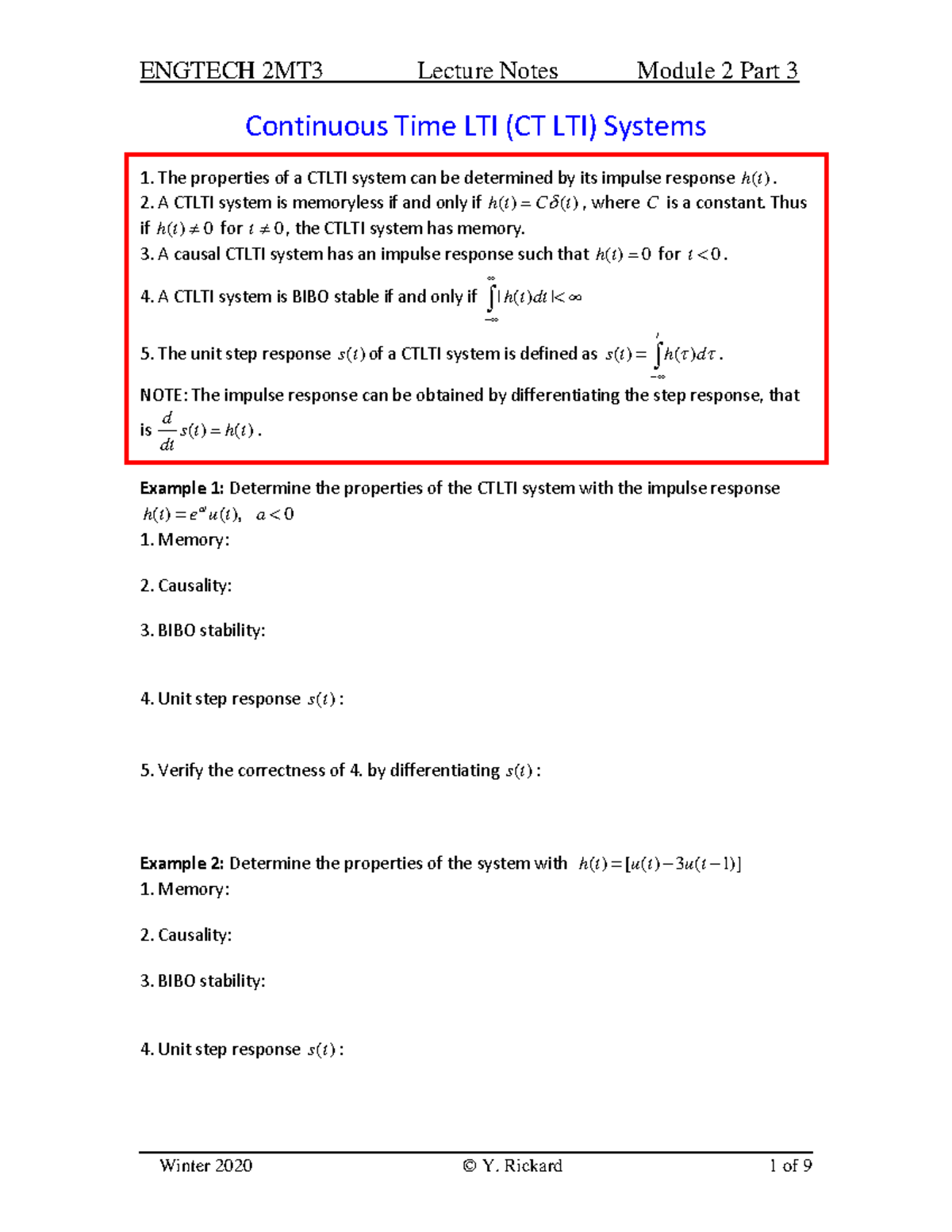 2MT3 2020 Lecture Notes Module 2c - Continuous Time LTI (CT LTI ...