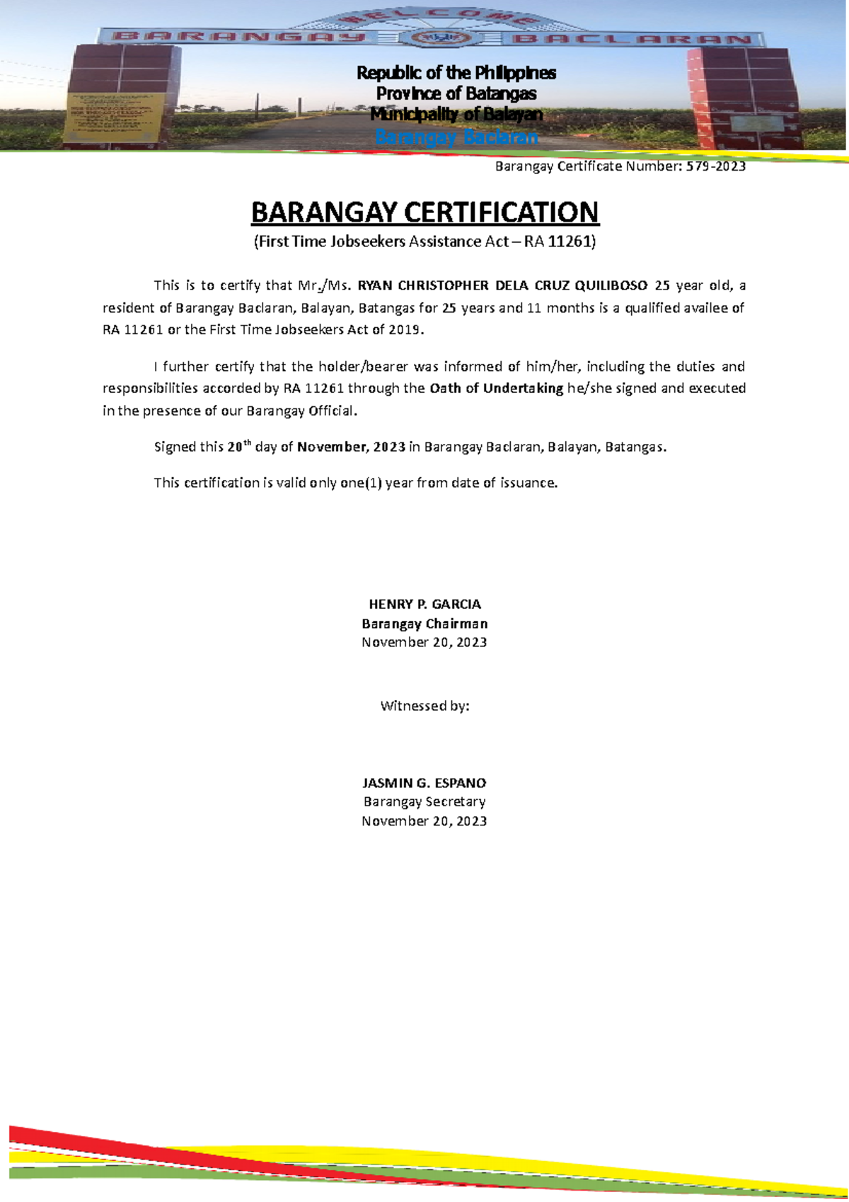 First time job seeker - KKK - Barangay Certificate Number: 579 ...