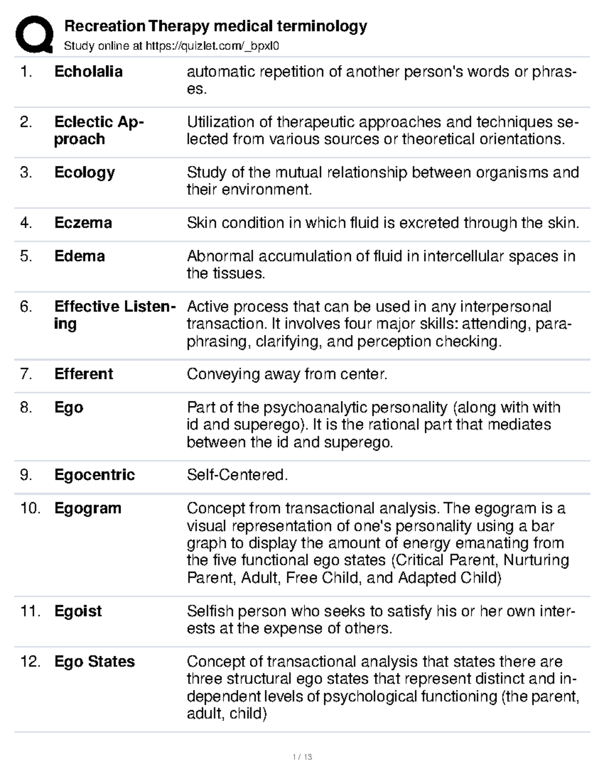 Recreation Therapy medical terminology Study online at quizlet/_bpxl