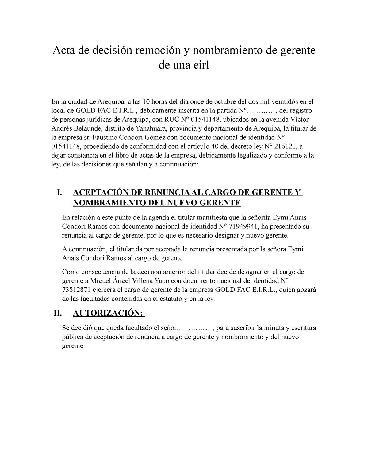 Acta De Eirl Como Hacer Un Acta E I R L Acta De Decisión Remoción Y