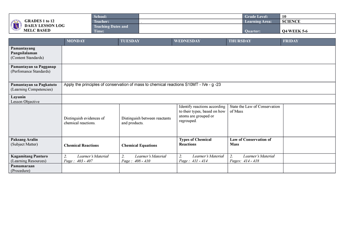 MELC DLL SCI 10 WEEK 5-6 Q4-1 - GRADES 1 to 12 DAILY LESSON LOG MELC ...