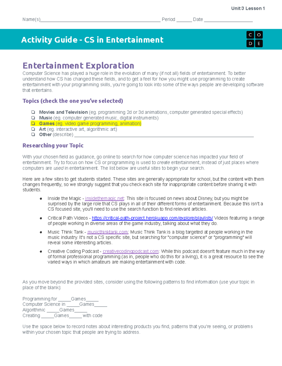 U3L01 Activity Guide CS in Entertainment1 Unit 3 Lesson 1 Studocu