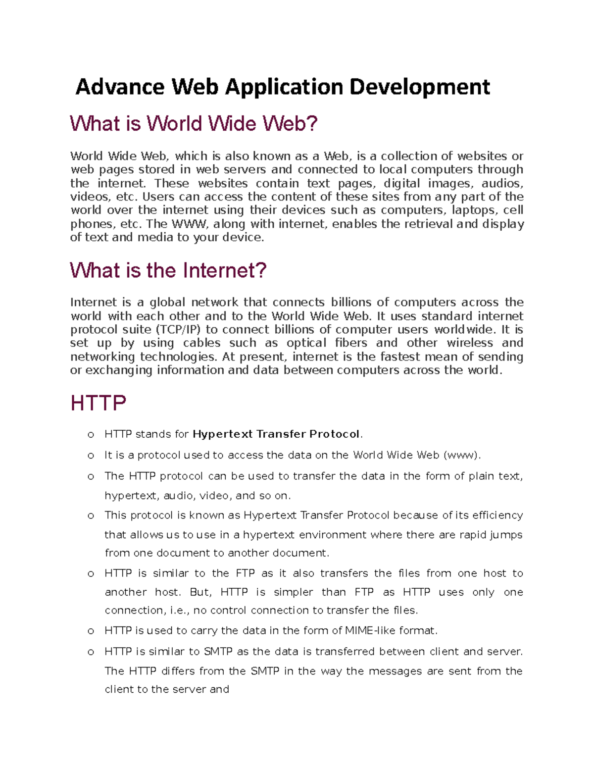 Advance Web Application Development - These websites contain text pages ...