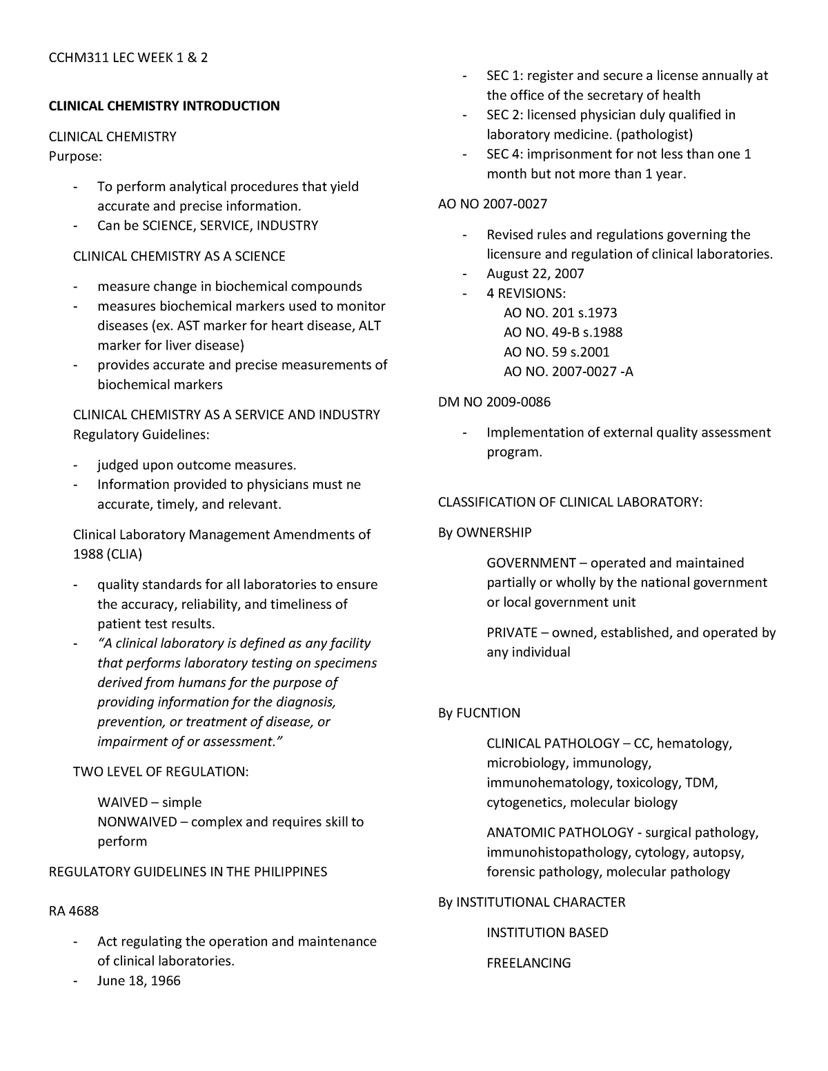 Intro to chemistry cc - CCHM311 LEC WEEK 1 & 2 CLINICAL CHEMISTRY ...