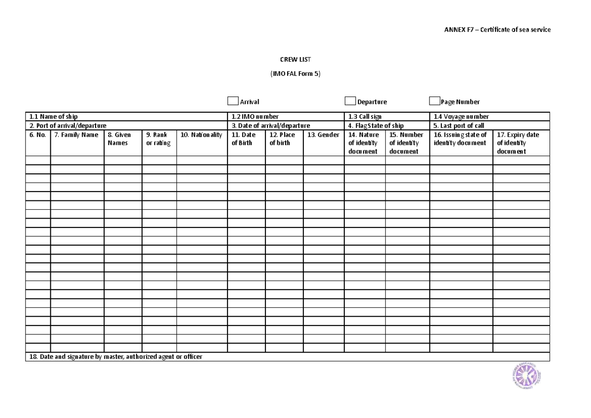 Annex-F7 - Answer - ANNEX F7 – Certificate of sea service CREW LIST ...