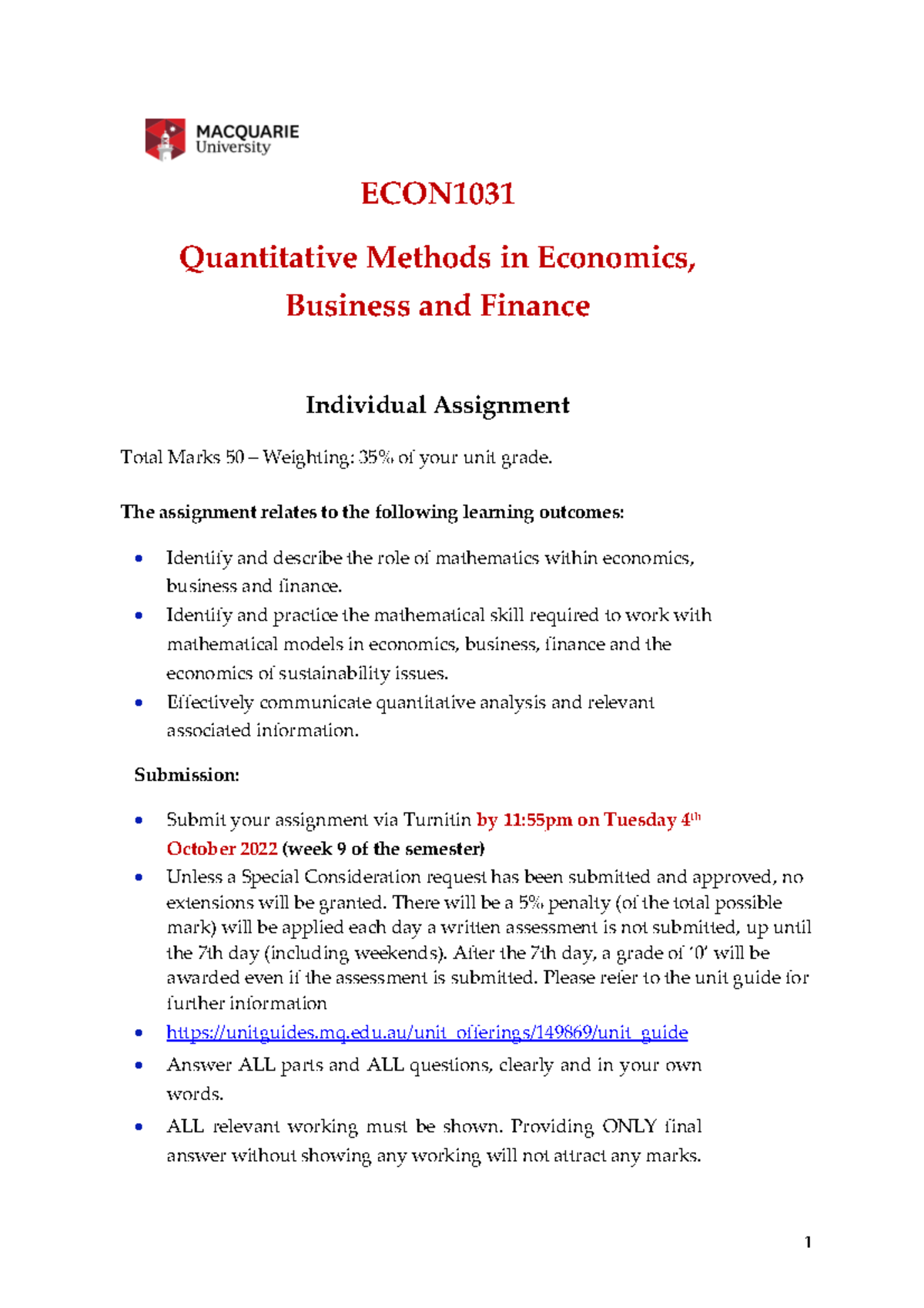 ECON1031 Ass 2022s2 Updated 2022 S2 - ECON Quantitative Methods In ...