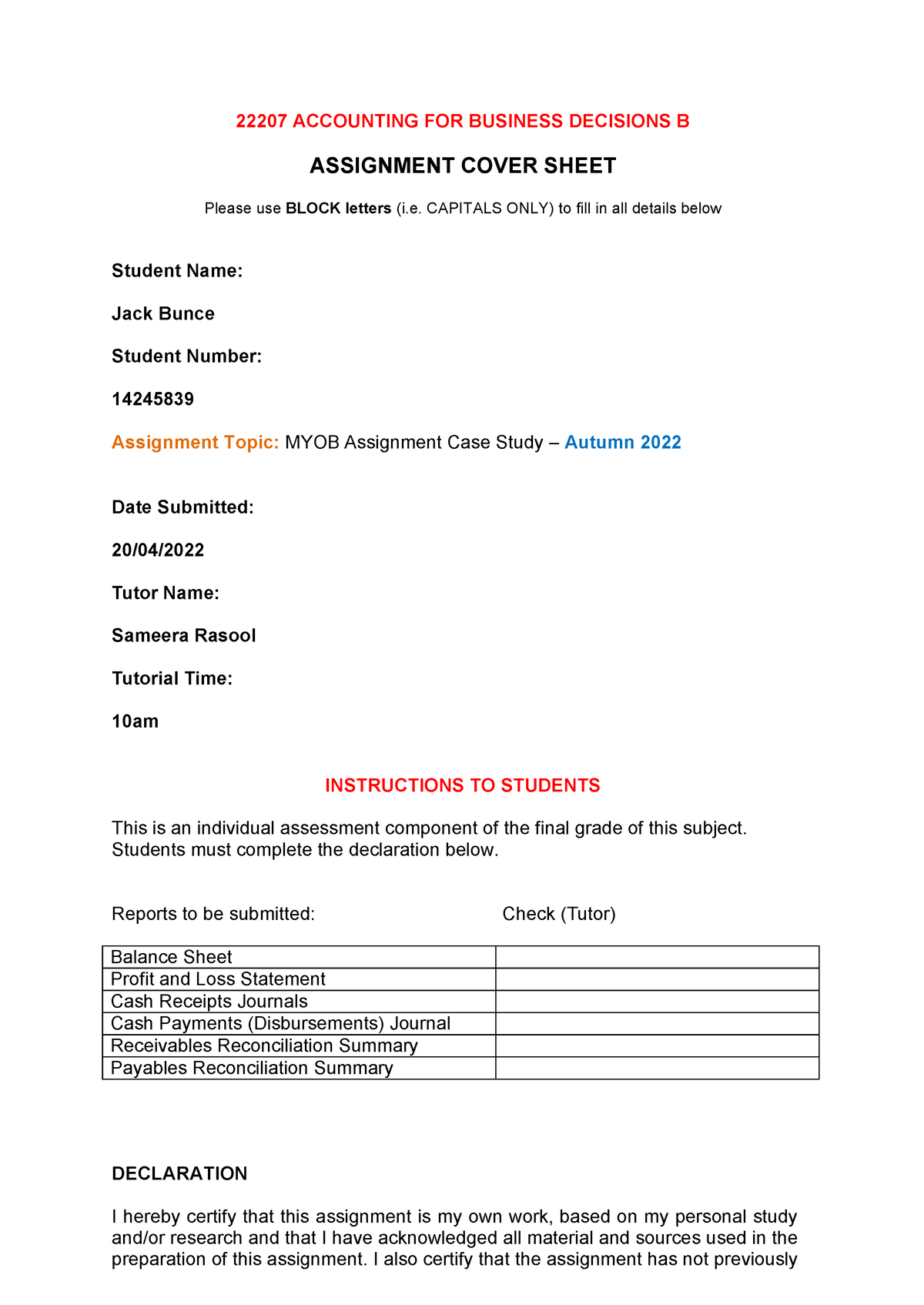 22207 Aut 22 - MYOB Assignment Cover Sheet - 22207 ACCOUNTING FOR ...