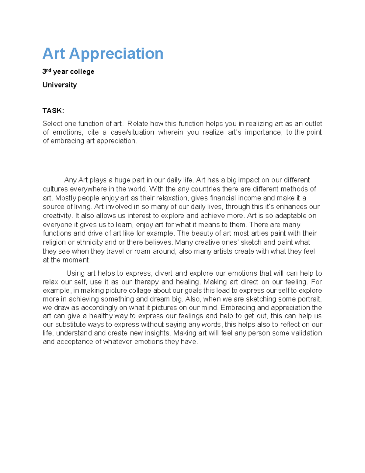 Assesment Task Art Appreciation Class HU311 Art Appreciation 3 rd