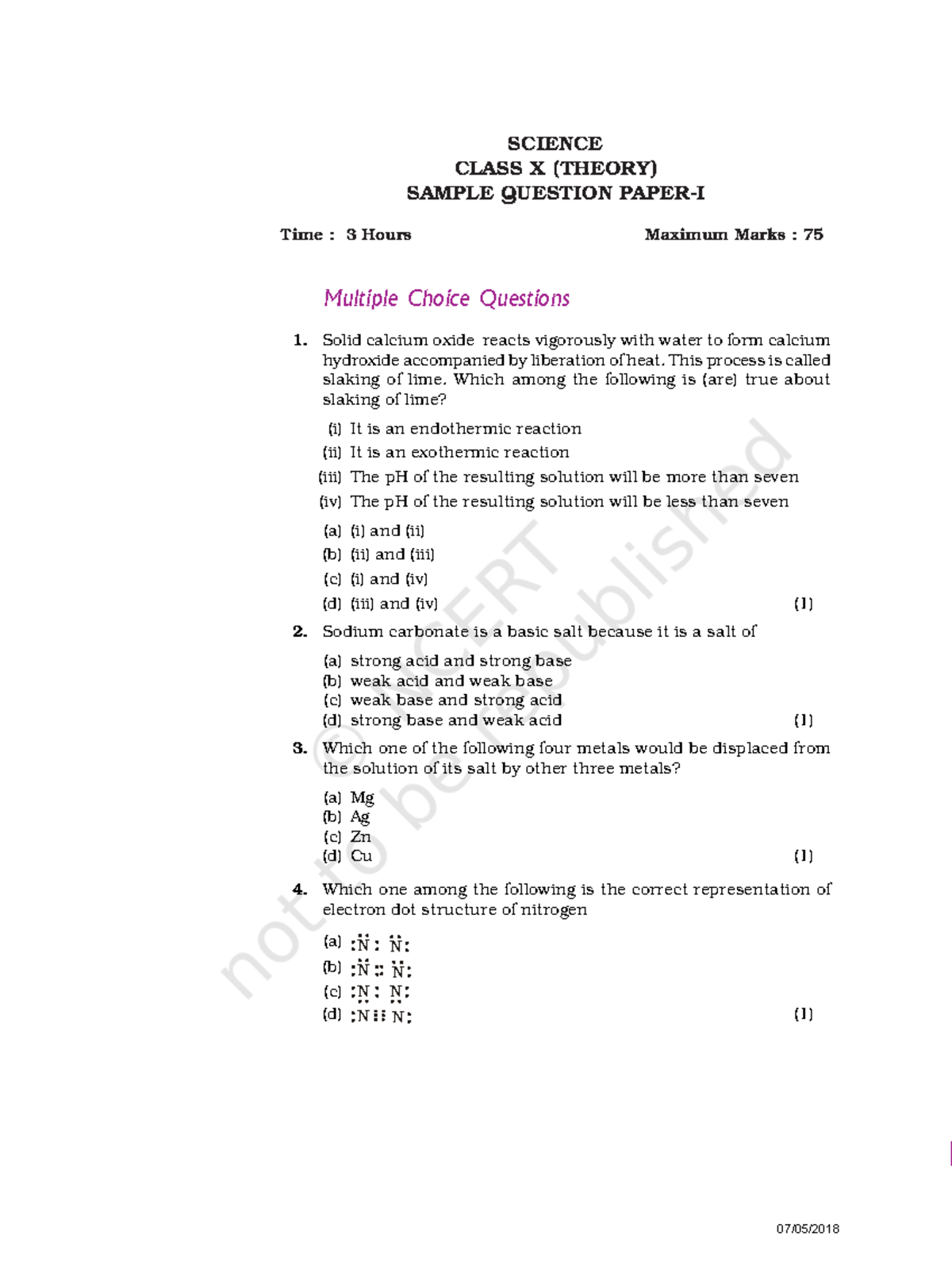 Sample question paper l of classX SCIENCE CLASS X (THEORY) SAMPLE