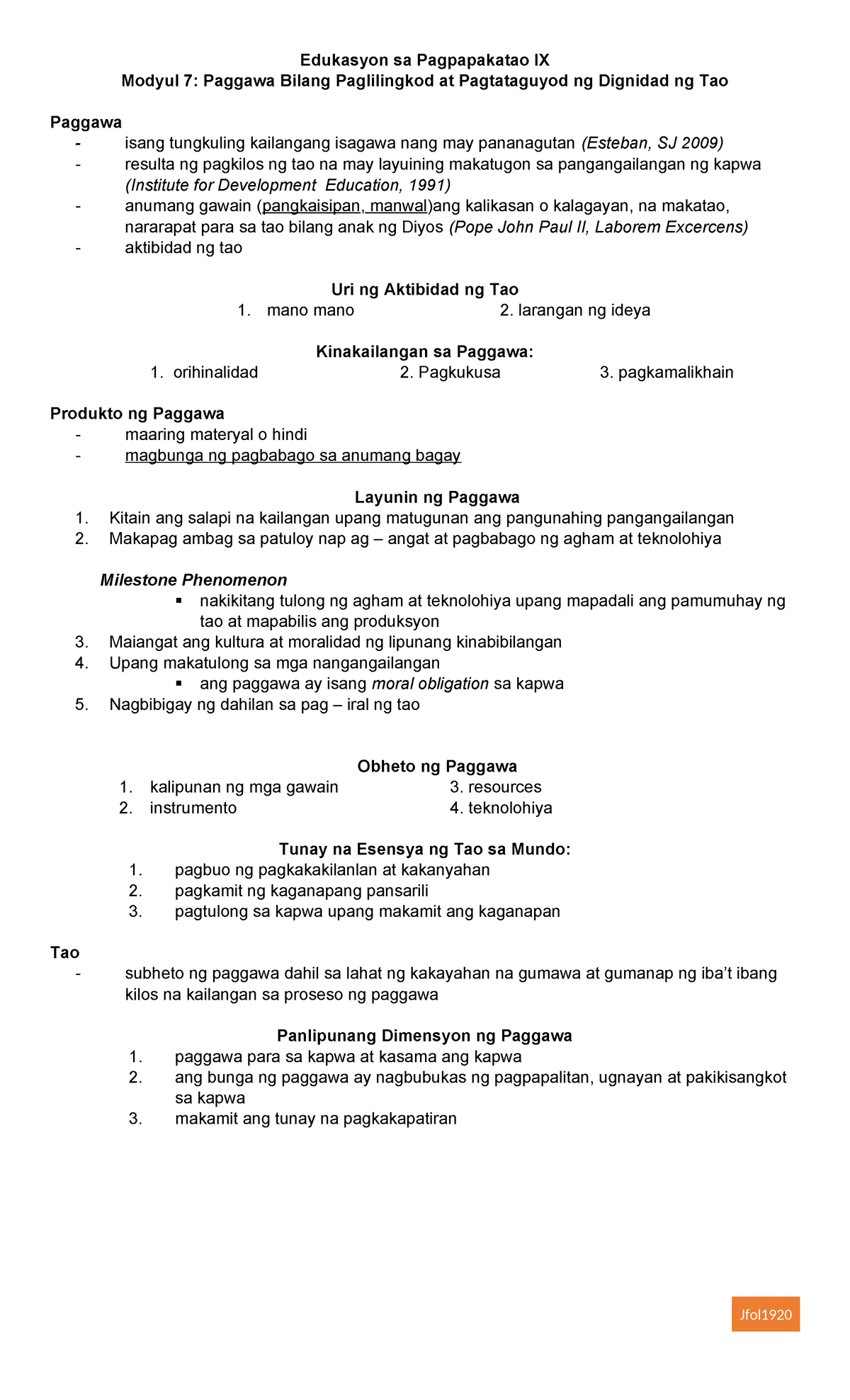 1 - Paggawa Esp 9 - Edukasyon Sa Pagpapakatao IX Modyul 7: Paggawa ...