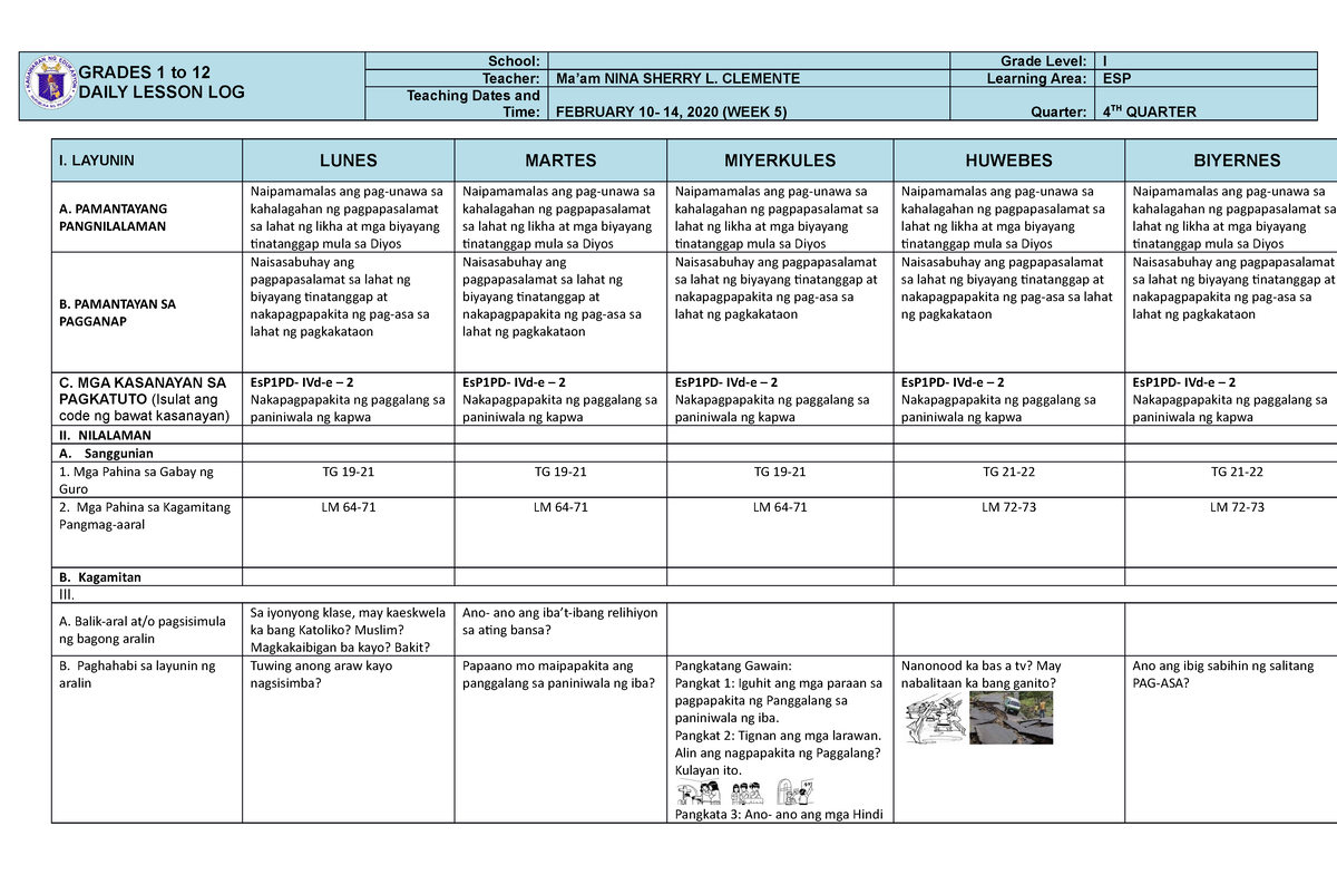 ESP 1 Q4 W5 DLL - Daily Lesson Plan - GRADES 1 To 12 DAILY LESSON LOG ...