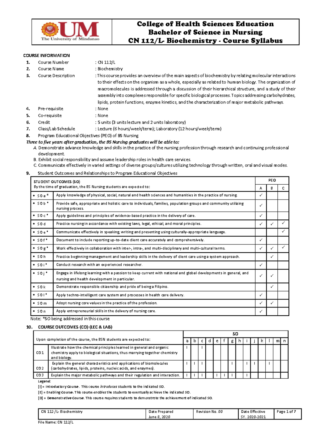 Biochemistry CN112 L BSN - Bachelor Of Science In Nursing CN 112/L ...