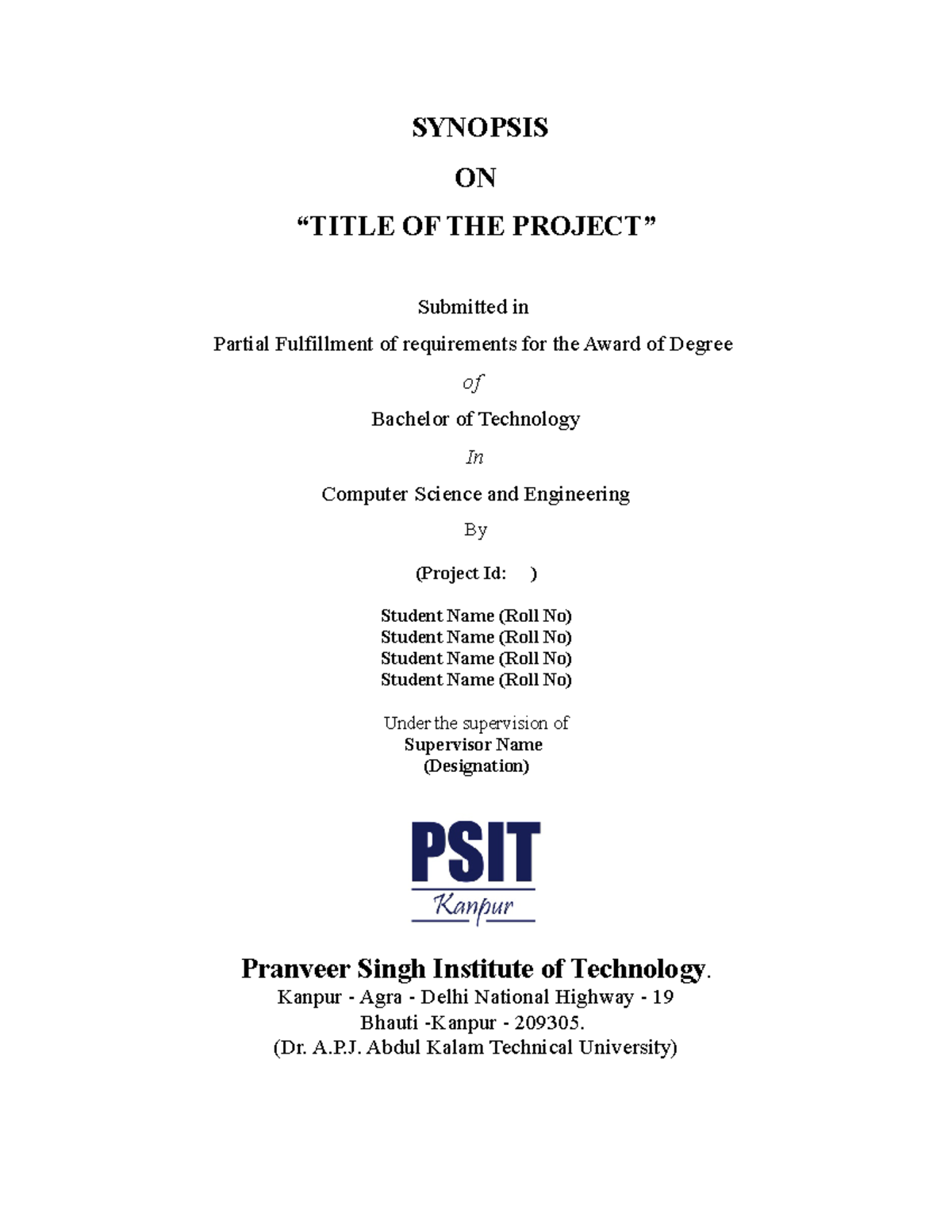 Final Year Project Synopsis Format 2023 - SYNOPSIS ON “TITLE OF THE ...