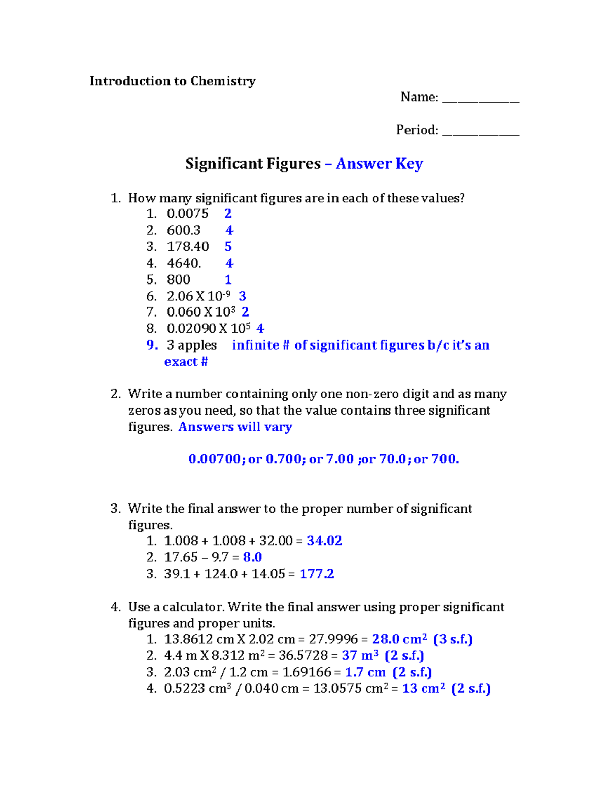 Significant Figures Homework - Introduction to Chemistry Name ...