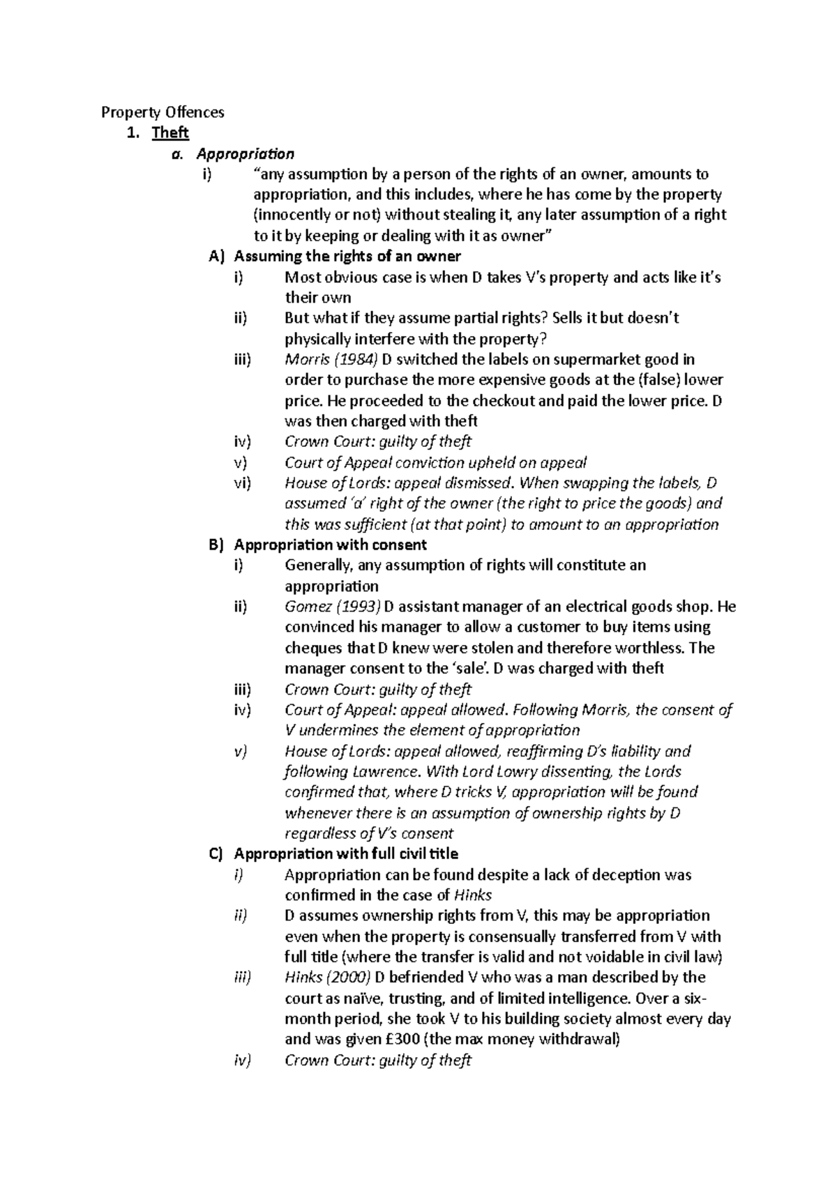 Property Offences - Notes - Property Offences 1. Thef A. Appropriation ...