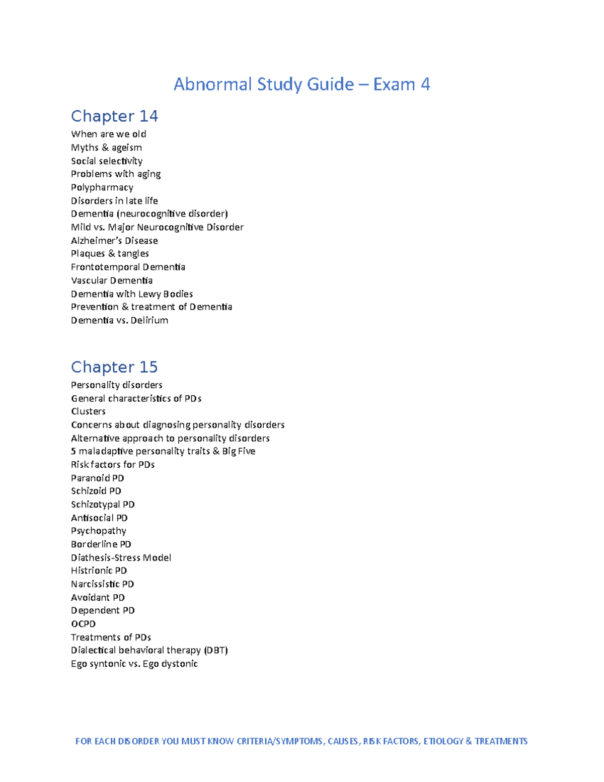 Abnormal Study Guide - Exam 4 - Abnormal Study Guide – Exam 4 Chapter ...