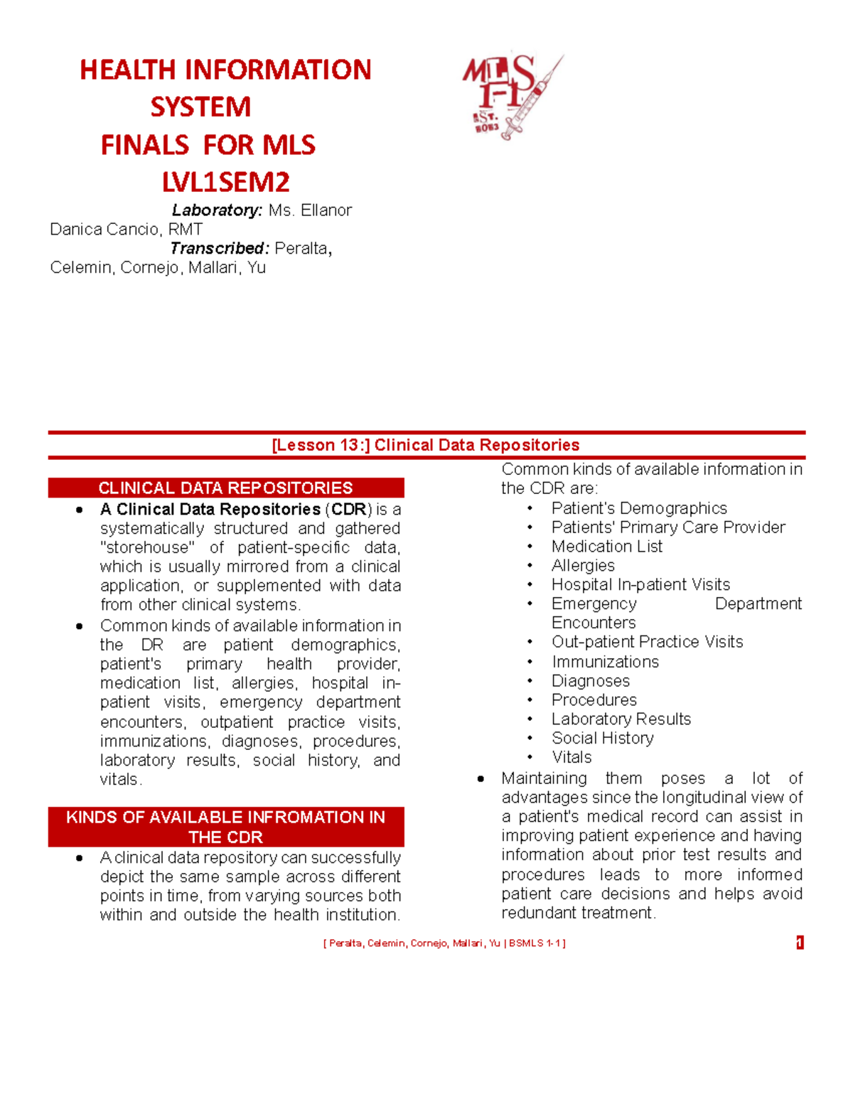 [MLS 1-1] MLS104 Lec. c. 13, 15 - HEALTH INFORMATION SYSTEM FINALS FOR ...