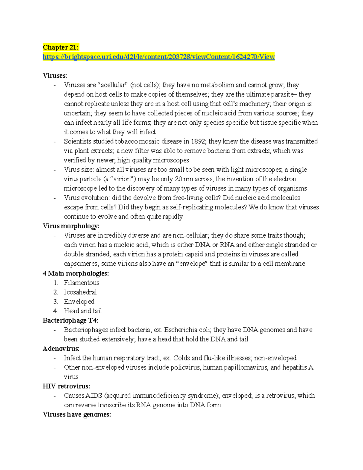 Bio chapter 21 notes - Chapter 21: brightspace.uri/d2l/le/content ...
