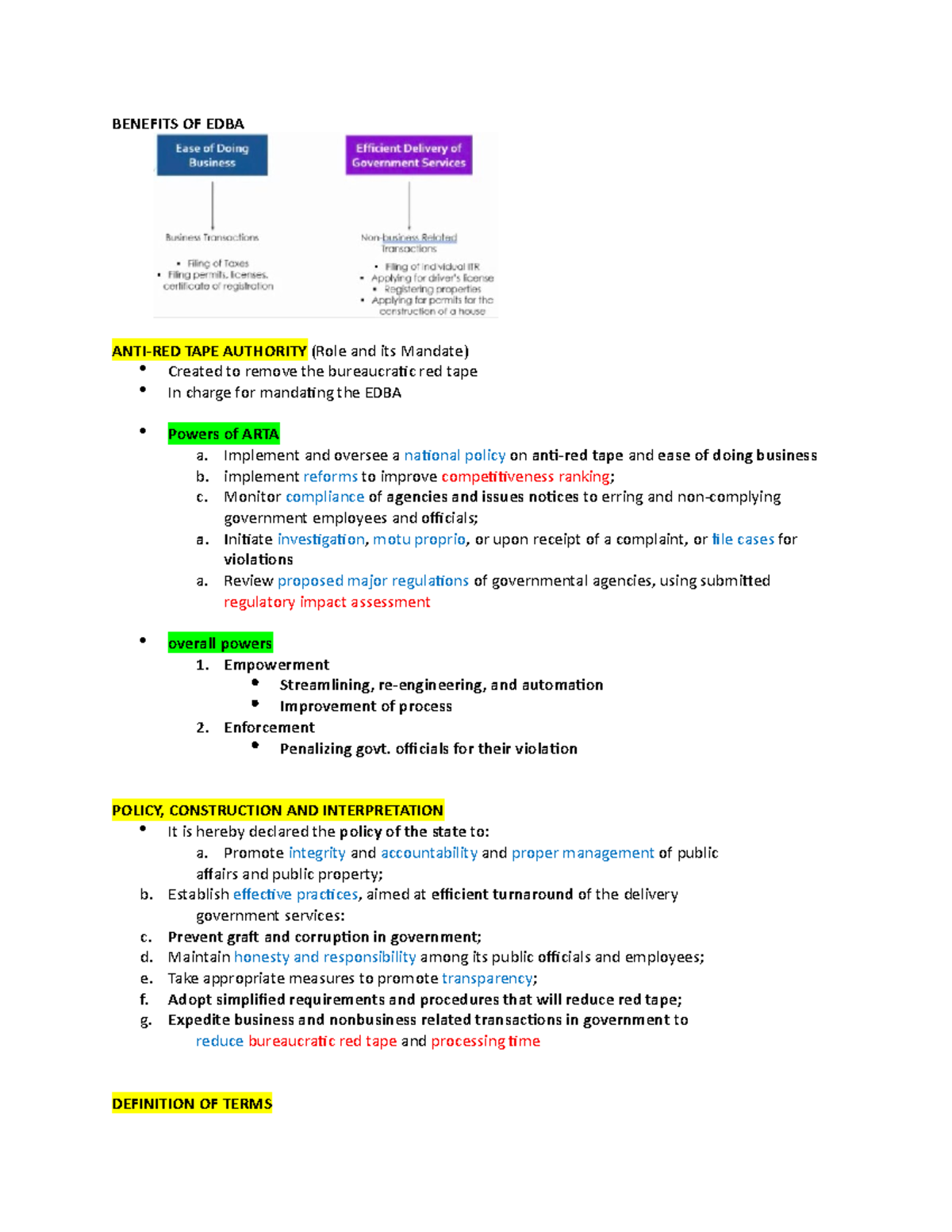 Ease of Doing Business Act (3720 rule) ARTA BENEFITS OF EDBA ANTIRED TAPE AUTHORITY (Role