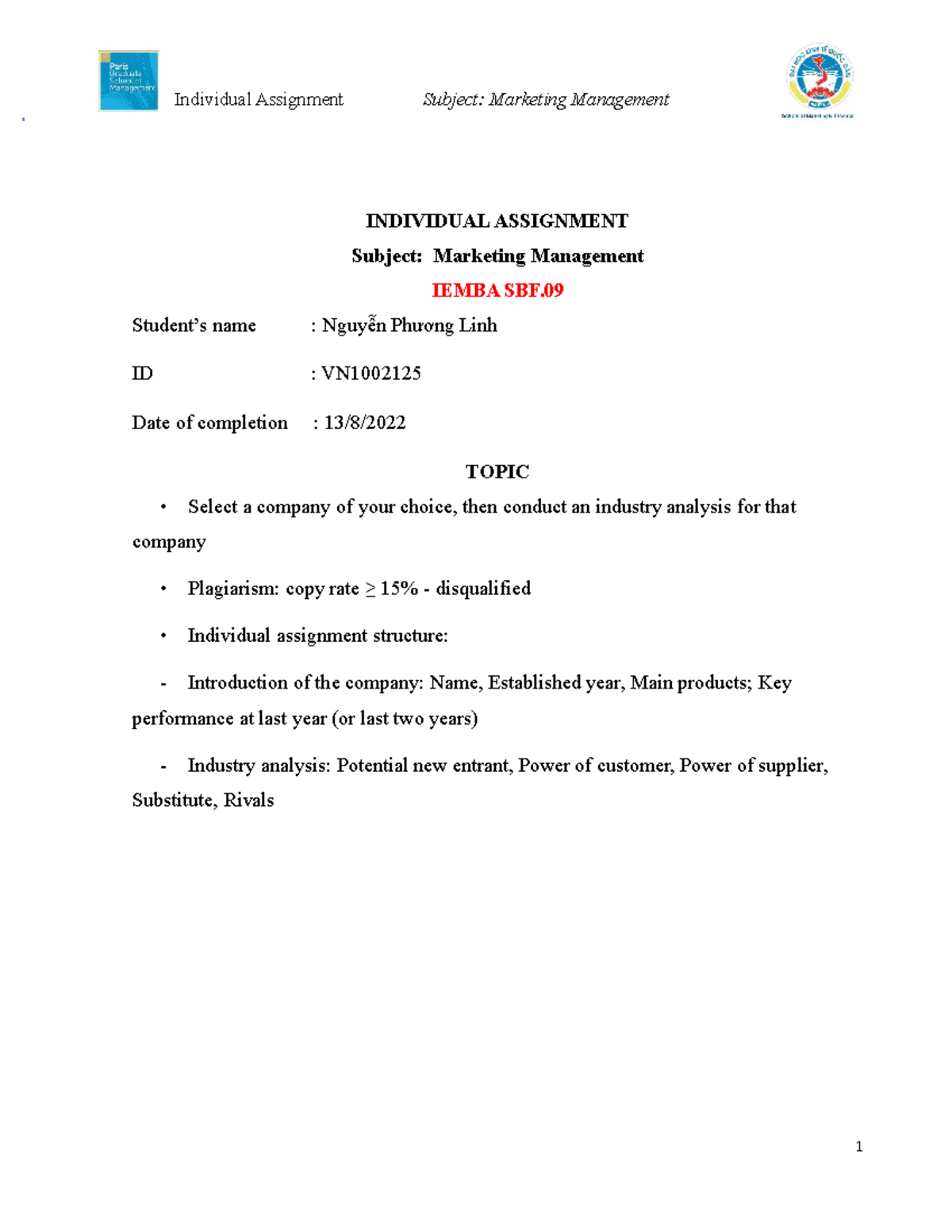 Individual Assignment Marketing Management Nguyen Phuong Linh VN1002125 ...