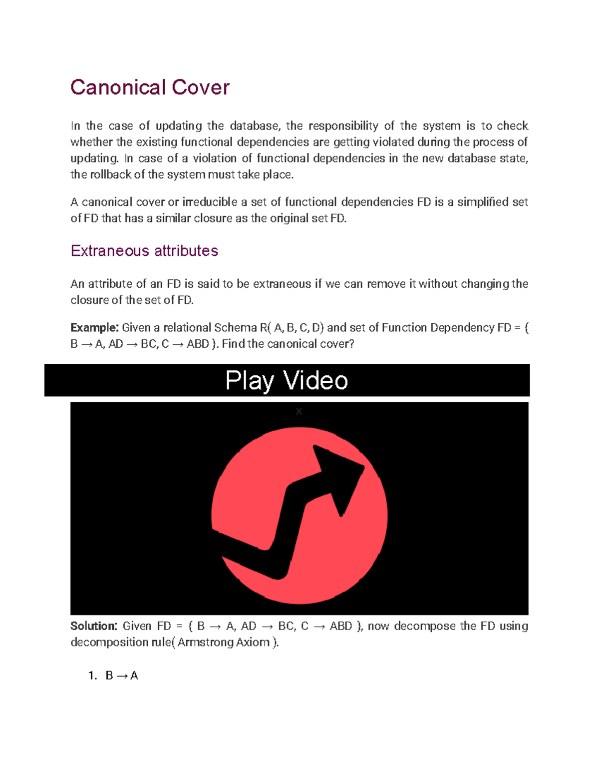 Canonical Cover In case of a violation of functional dependencies in
