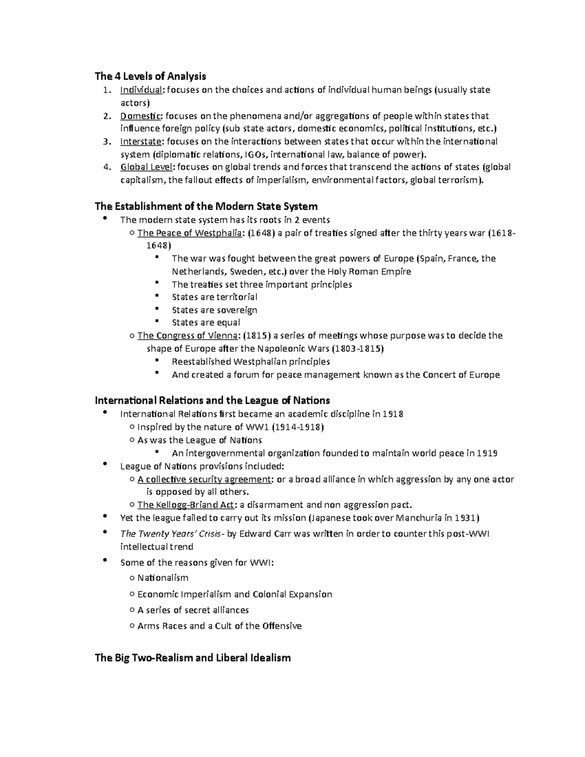 IR 3 4 levels of Analysis and realists The 4 Levels of Analysis Individual focuses on the