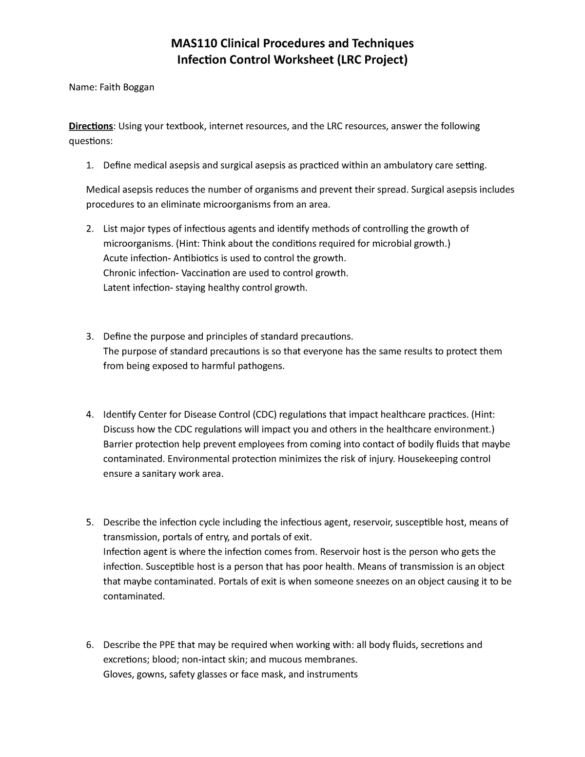 Infection control worksheet MAS110 Clinical Procedures and Techniques