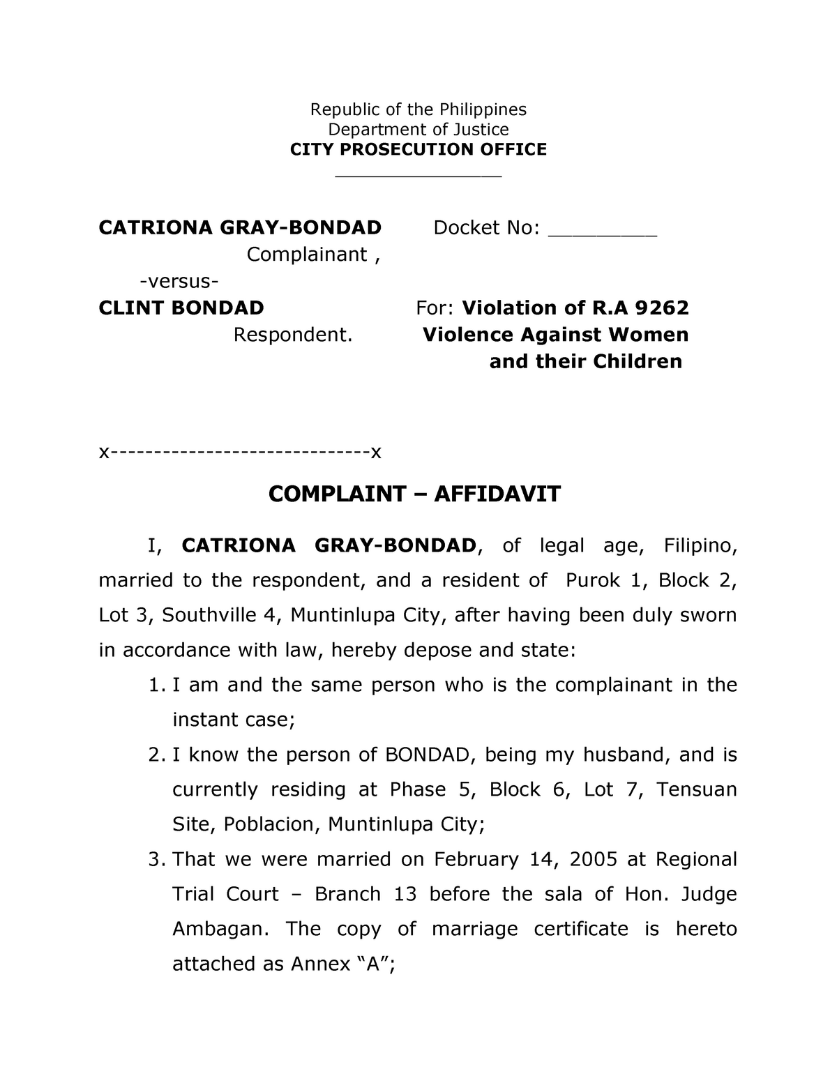 Vawc Affidavit Ra 9262 Republic Of The Philippines Department Of Justice City Prosecution 1235