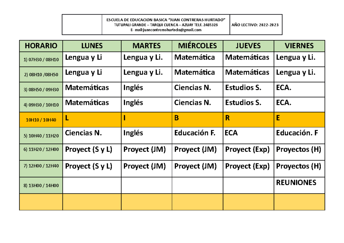 Horarios DE Clases 2022-2023 - ESCUELA DE EDUCACION BASICA “JUAN ...