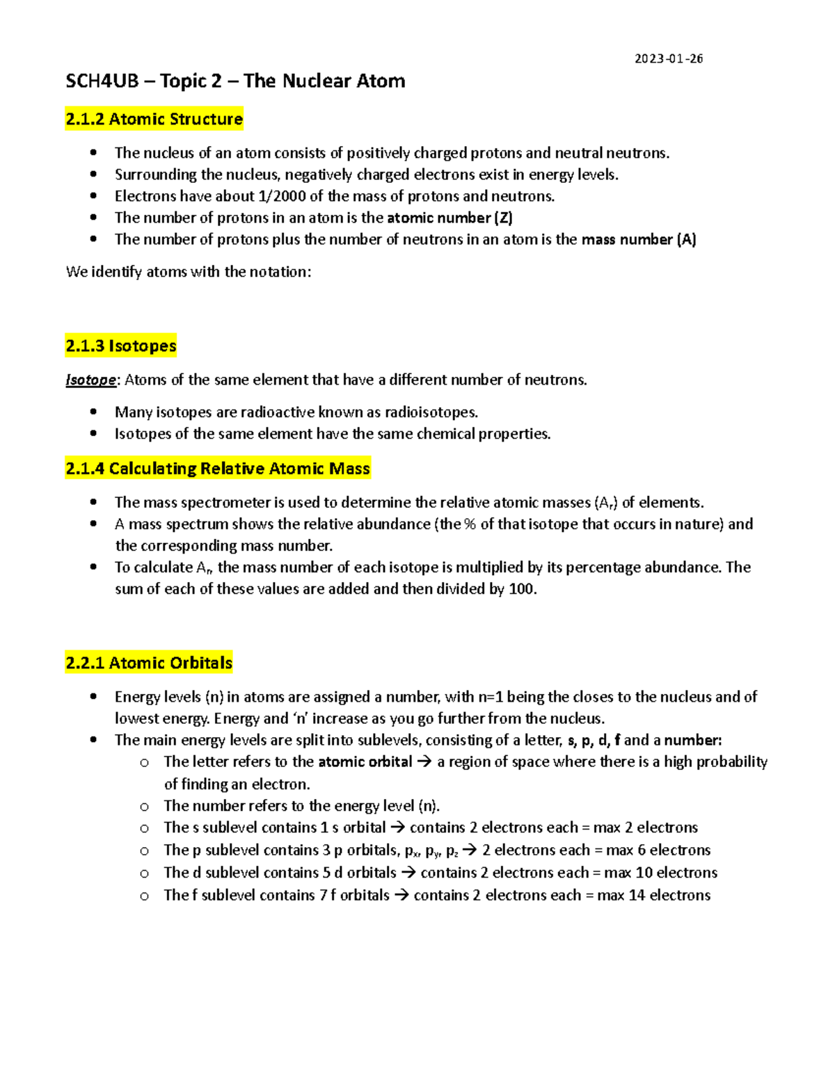 IB Chem SL Topic 2 Note - SCH4UB – Topic 2 – The Nuclear Atom 2.1 ...