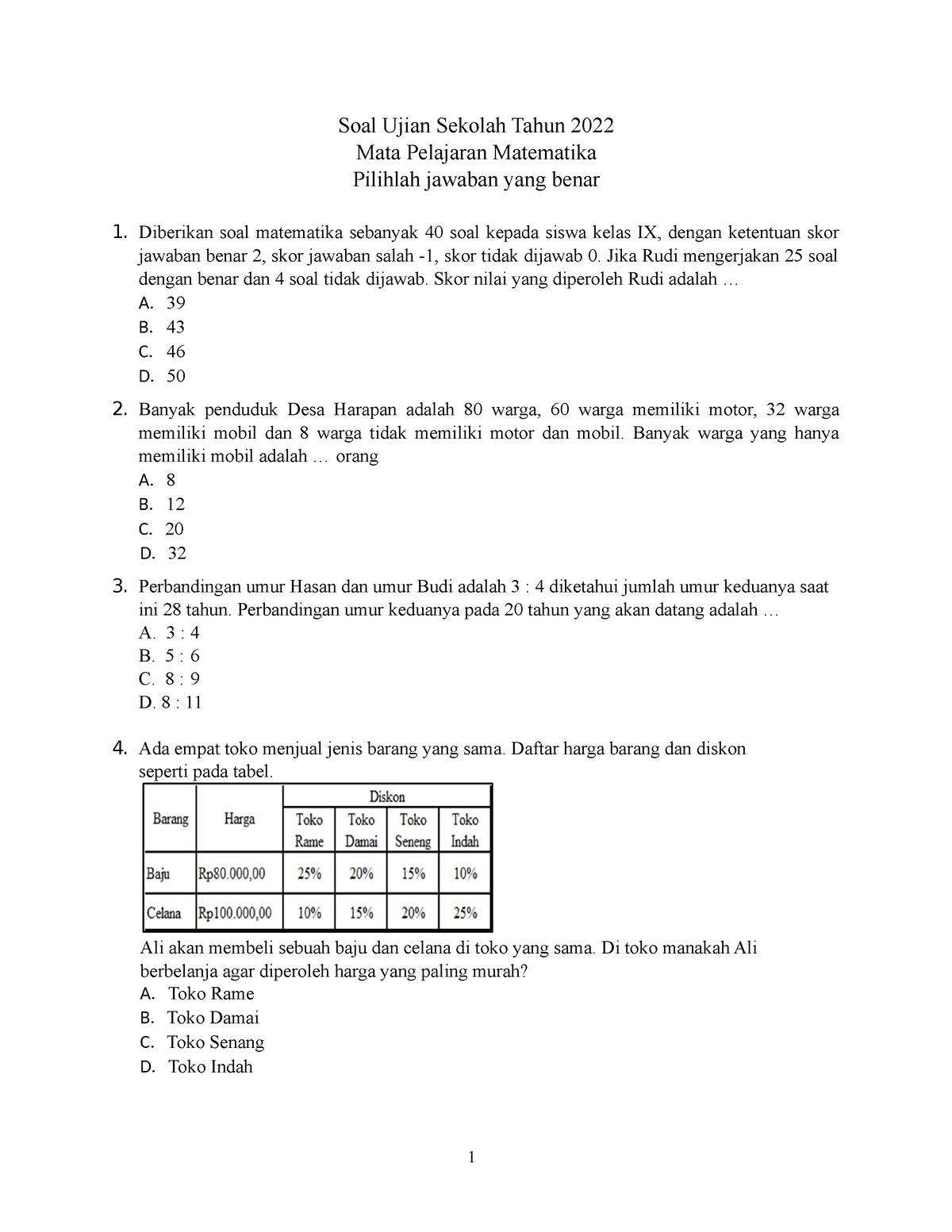 SOAL US Matematika 2022 - 1 Soal Ujian Sekolah Tahun 2022 Mata ...