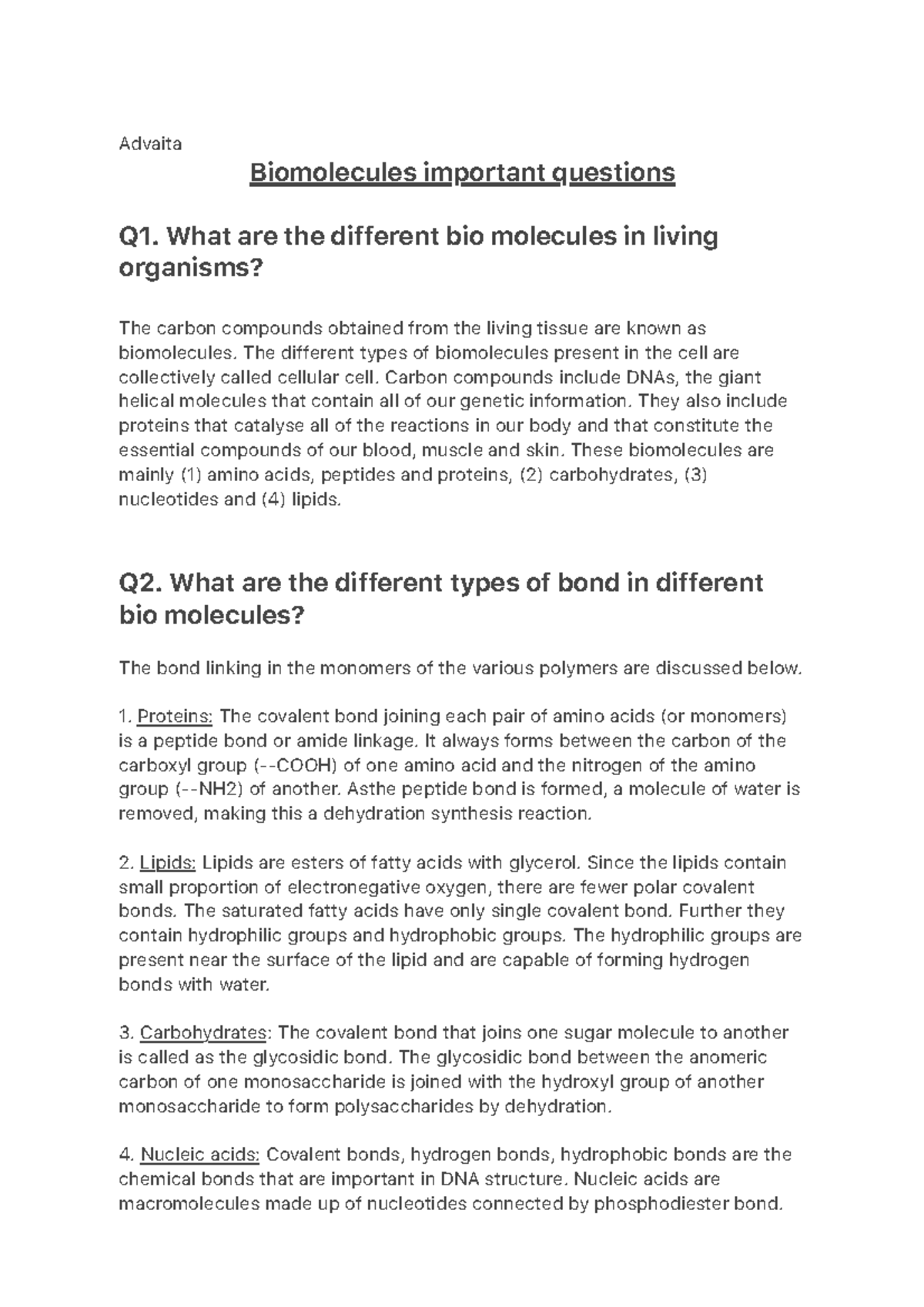 Biomolecules Important Questions Advaita Biomolecules Important