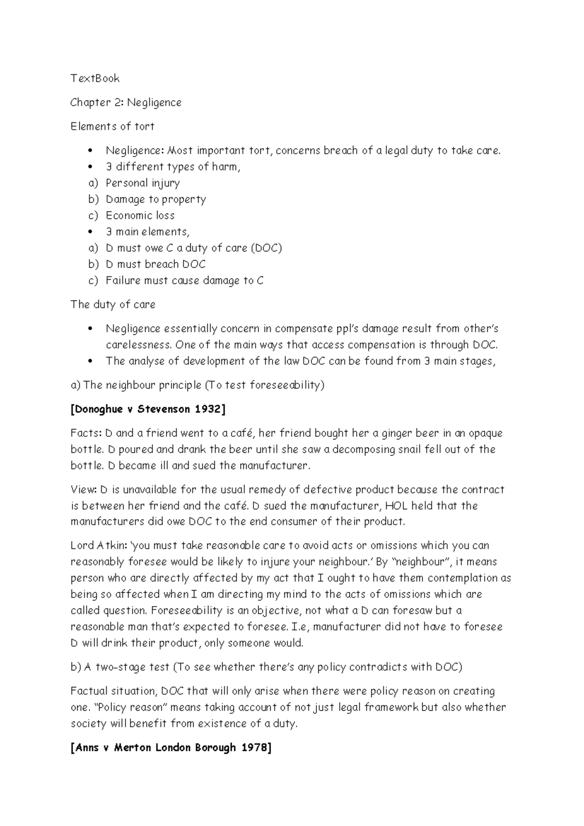 Tort Law Chapter 2 - TextBook Chapter 2: Negligence Elements Of Tort ...