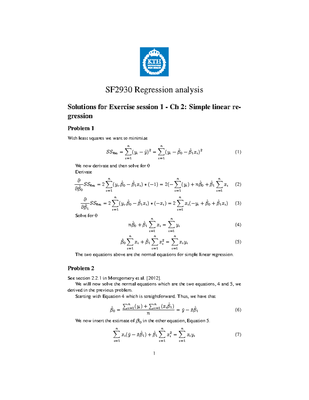 Facit - Övning 1 - SF2930 Regression Analysis Solutions For Exercise ...